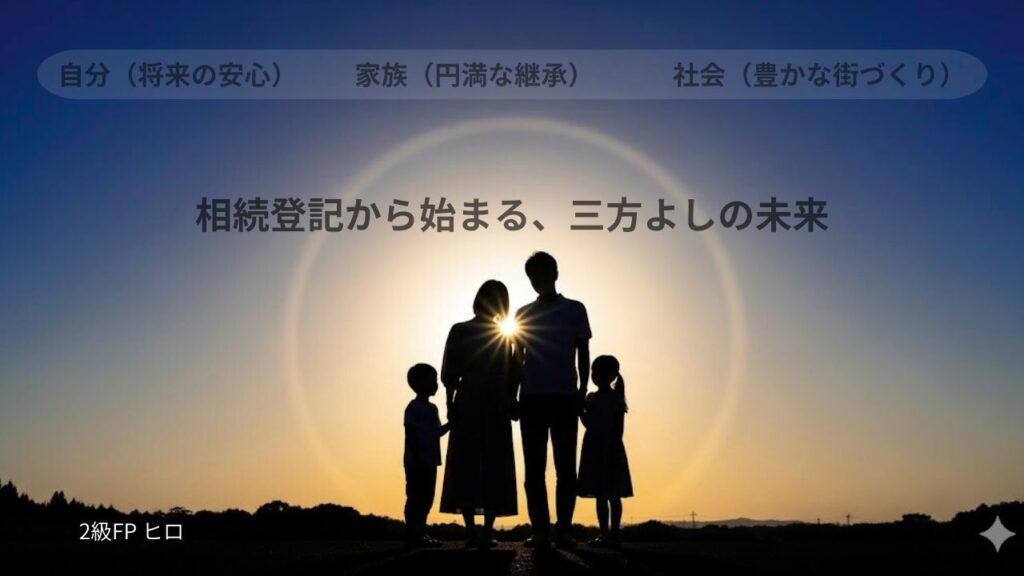 「相続登記から始まる、三方よしの未来」というメッセージと家族のイメージ図
