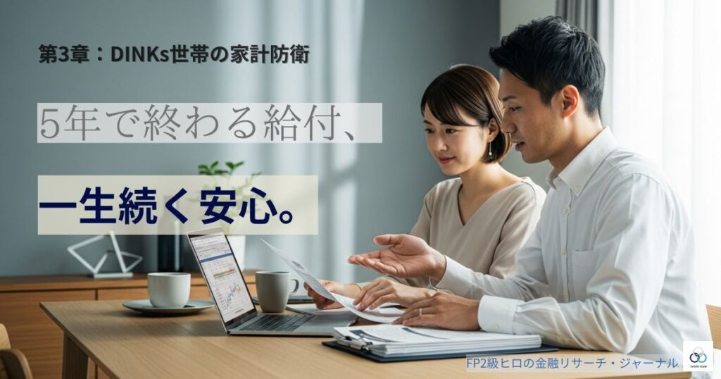 2028年の遺族年金有期化に備え、自宅でライフプランを相談しながら将来の備えを再構築する共働きの日本人夫婦。