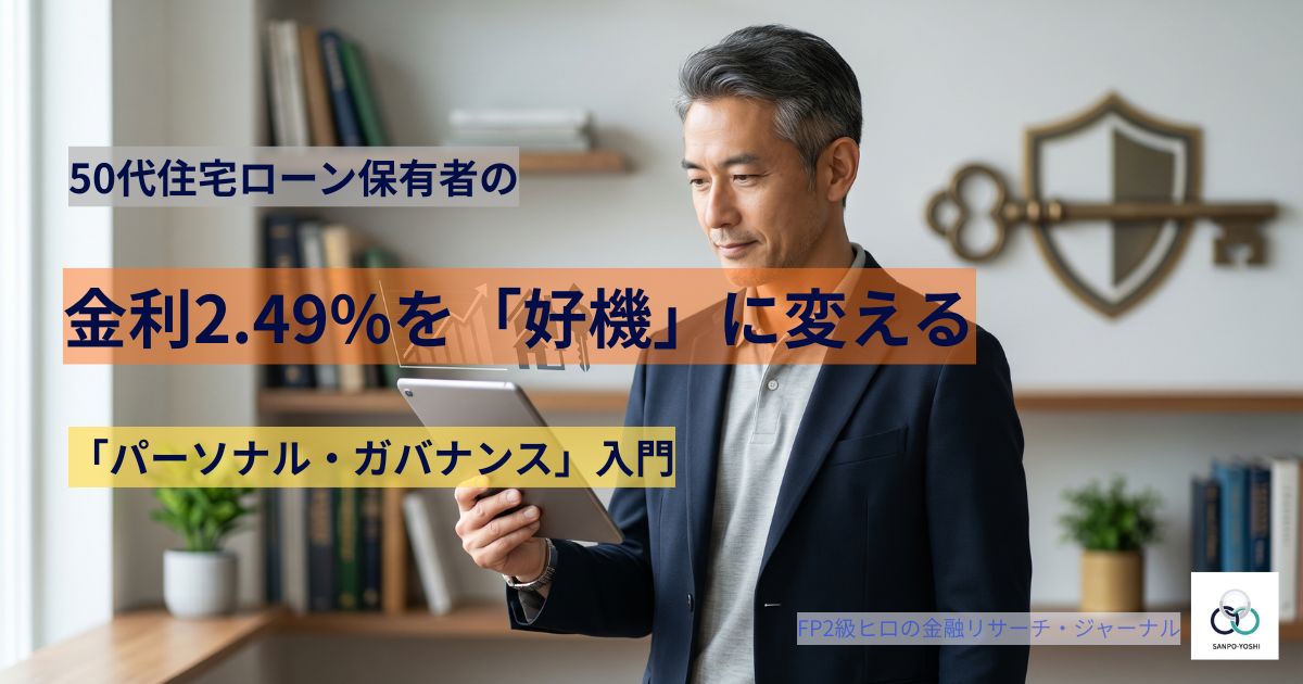 タブレットを見る50代男性と、上昇する金利グラフ、家、鍵のアイコン。金利2.49%時代をパーソナル・ガバナンスで好機に変える方法を伝えるアイキャッチ画像。