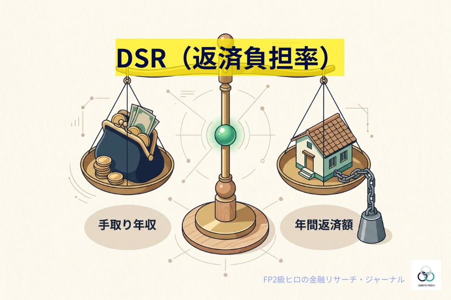 手取り年収と住宅ローンの年間返済額が完全にバランスしている天秤のイラスト。DSR（返済負担率）による家計のストレステストと健全性を象徴。