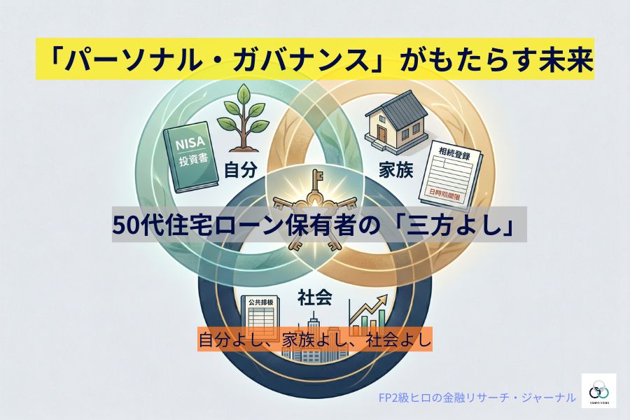 「自分よし（投資・保険）」、「家族よし（相続登記）」、「社会よし（資本供給）」の三つの輪が重なり、中央で統治の鍵（三方よし）が輝くグラフィック。パーソナル・ガバナンスがもたらす holistic な（全体的な）幸福を象徴。