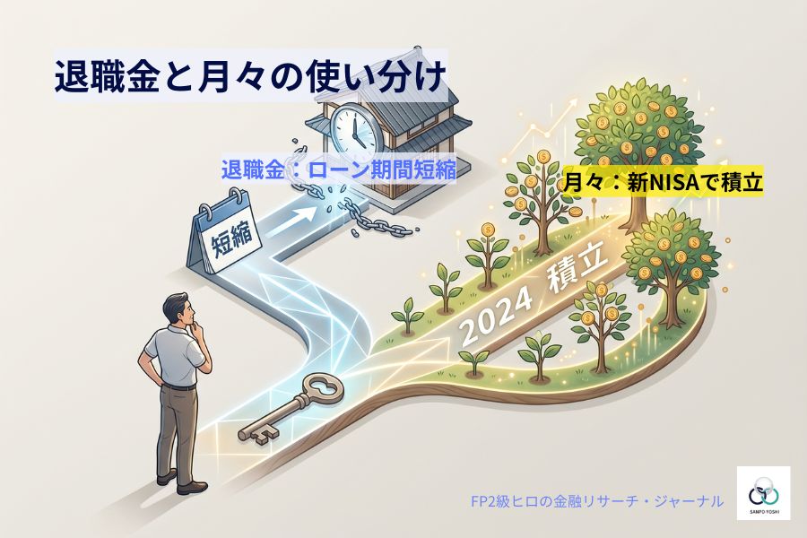二つの道を見つめる50代男性のイラスト。左はカレンダーと家のローン鎖が短くなる「退職金で期間短縮繰り上げ返済」、右はお金のなる木が育つ「月々新NISAで積立投資」の道。目的別のハイブリッド戦略を象徴。