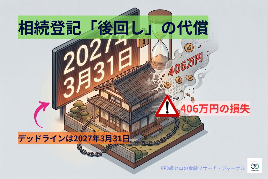 巨大な「2027年3月31日」のデジタルタイマーと、砂が尽きかけのhourglassに押し潰されそうな古い家（実家）。権利書から「406万円」という数字がお金と共に煙となって消えていく、相続登記放置のリスクを象徴。