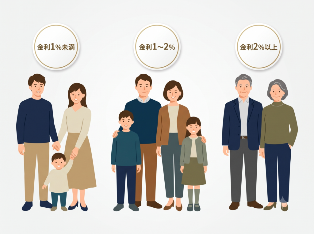 住宅ローンの金利とライフステージに応じた、繰上返済と新NISA投資の優先度イメージを示すフラットなイラスト。左から、金利1%未満（30代若い家族）、金利1〜2%（40代家族）、金利2%以上（50代夫婦）の3つのパターンが描かれている。