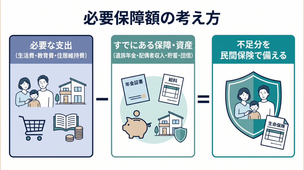 「必要保障額の考え方」を示すインフォグラフィック。「必要な支出(生活費・教育費・住居維持費)」から「すでにある保障・資産(遺族年金・配偶者収入・貯蓄・団信)」を引いた結果が「不足分を民間保険で備える」となることを、フラットなイラストとアイコン(家、家族、盾、年金証書、貯金箱など)で解説している。