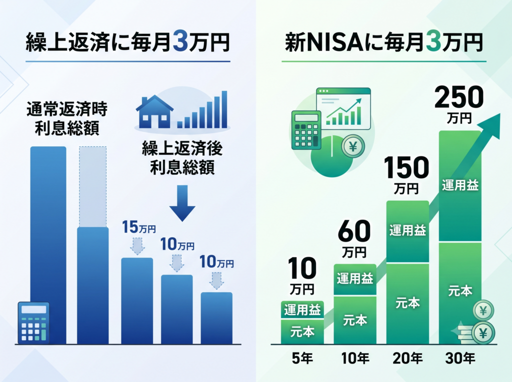 住宅ローン繰上返済と新NISA投資のシミュレーション比較。左（青）は毎月3万円を繰上返済した際の利息削減効果を示し、通常返済時と繰上返済後の利息総額を比較。右（緑）は毎月3万円を新NISAに入金した際の30年間にわたる資産成長（元本と運用益）を示している。